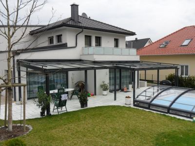 Terrassenüberdachung für Pool und Haus , Stiegenabgang Überdachung